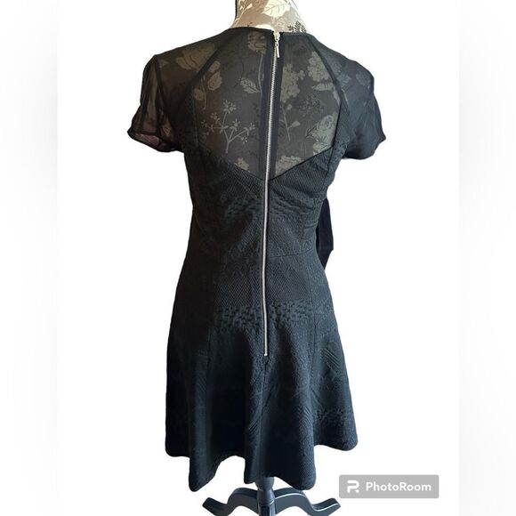 Rebecca Taylor Patterned and sheer crew neck fit and flare black dress- Size 4 - Picture 2 of 5